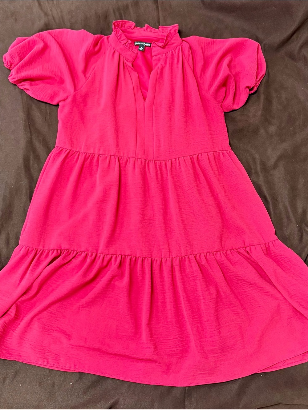 Bright Pink Tiered Midi Dress with Ruffle Neck
